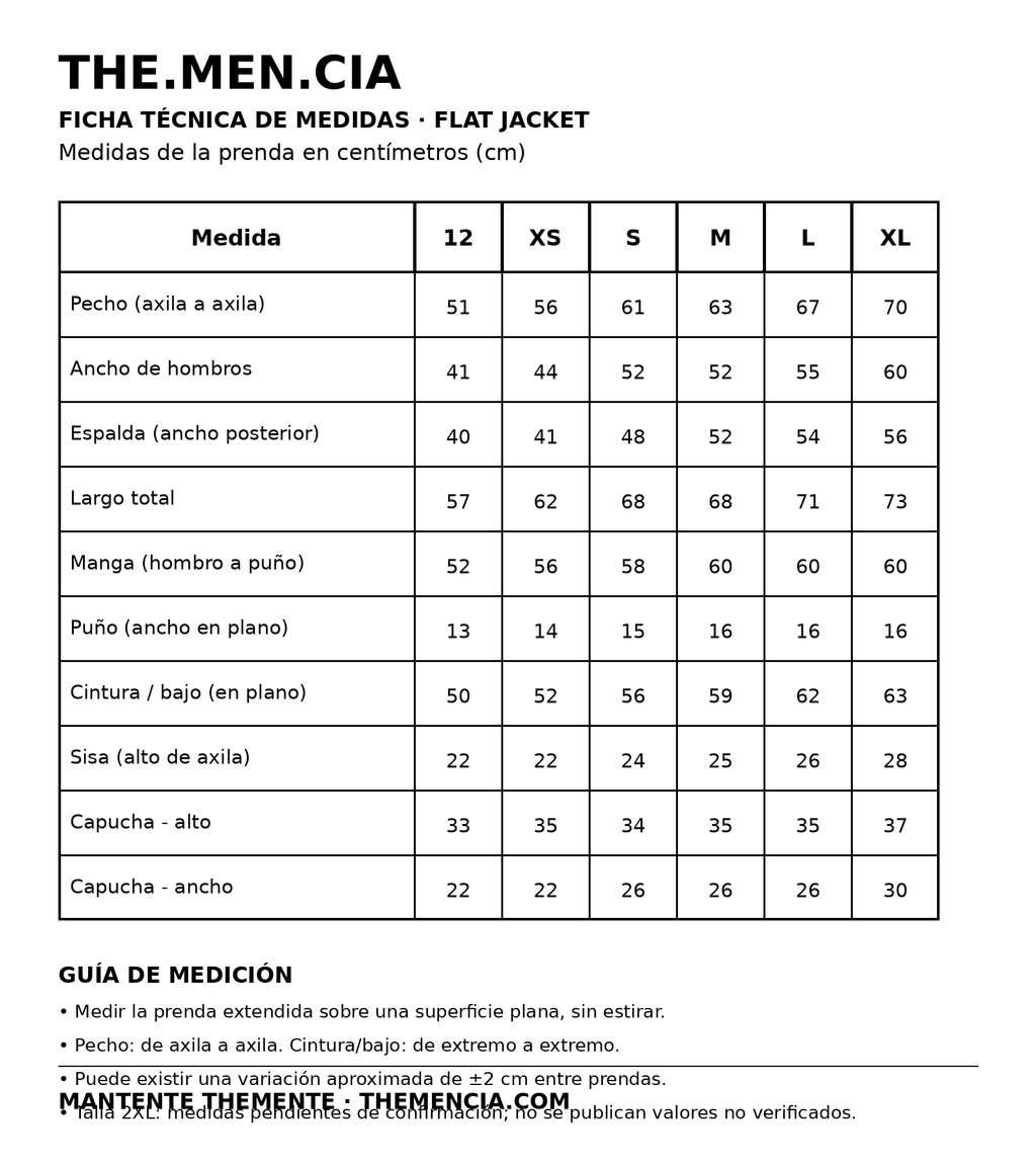 Guía de medidas Jacket Flat THEMENCIA - tallas 12, XS, S, M, L y XL
