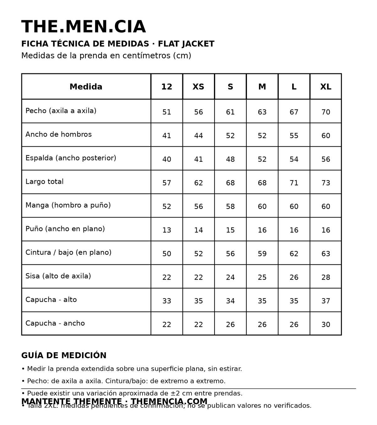 Guía de medidas Jacket Flat THEMENCIA - tallas 12, XS, S, M, L y XL