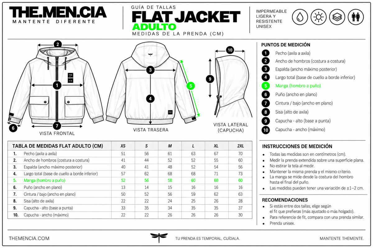 Guía de tallas Flat Jacket Adulto THEMENCIA