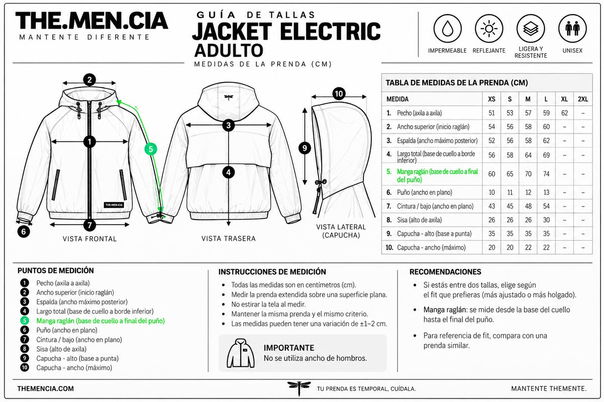 Ficha técnica Jacket Electric Adulto — guía de medidas