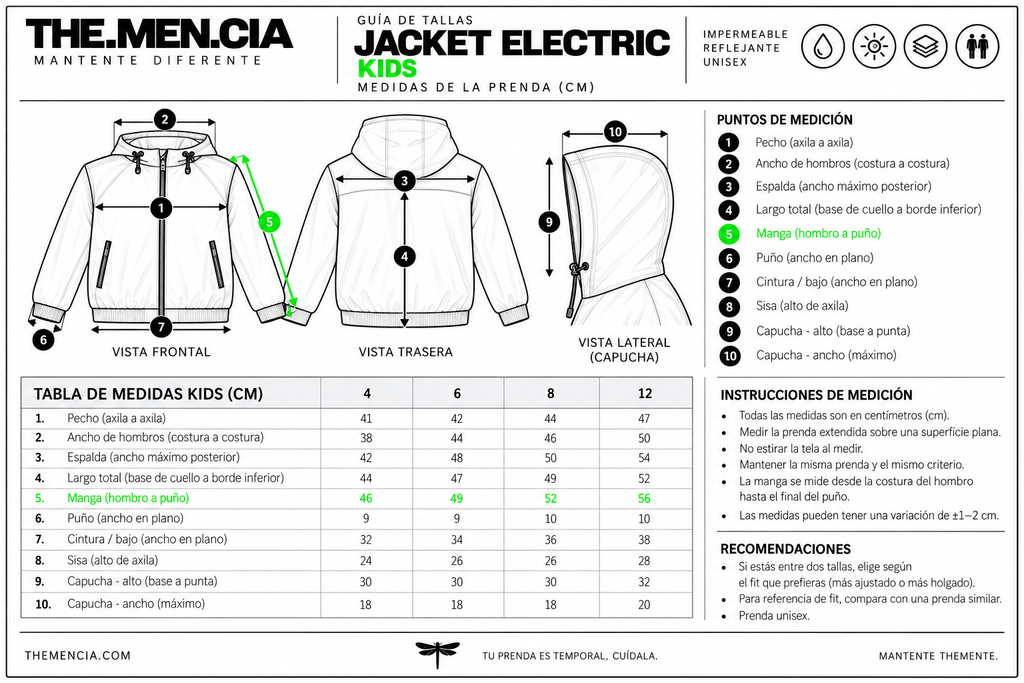 Guía de tallas Jacket Electric Kids THEMENCIA