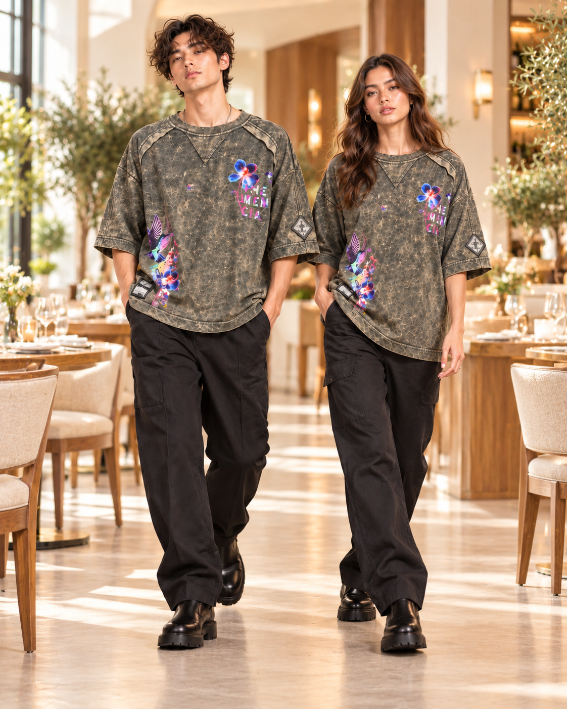 Playera Process Colibrí Verde THEMENCIA en escena ambientada de restaurante elegante