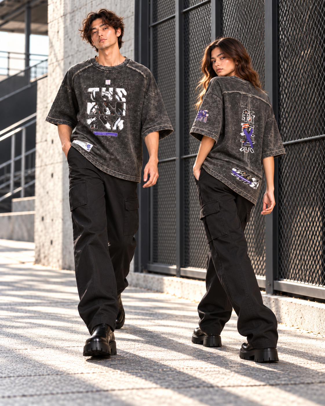 Playera Process Negra THEMENCIA en ambiente street industrial con reja metálica