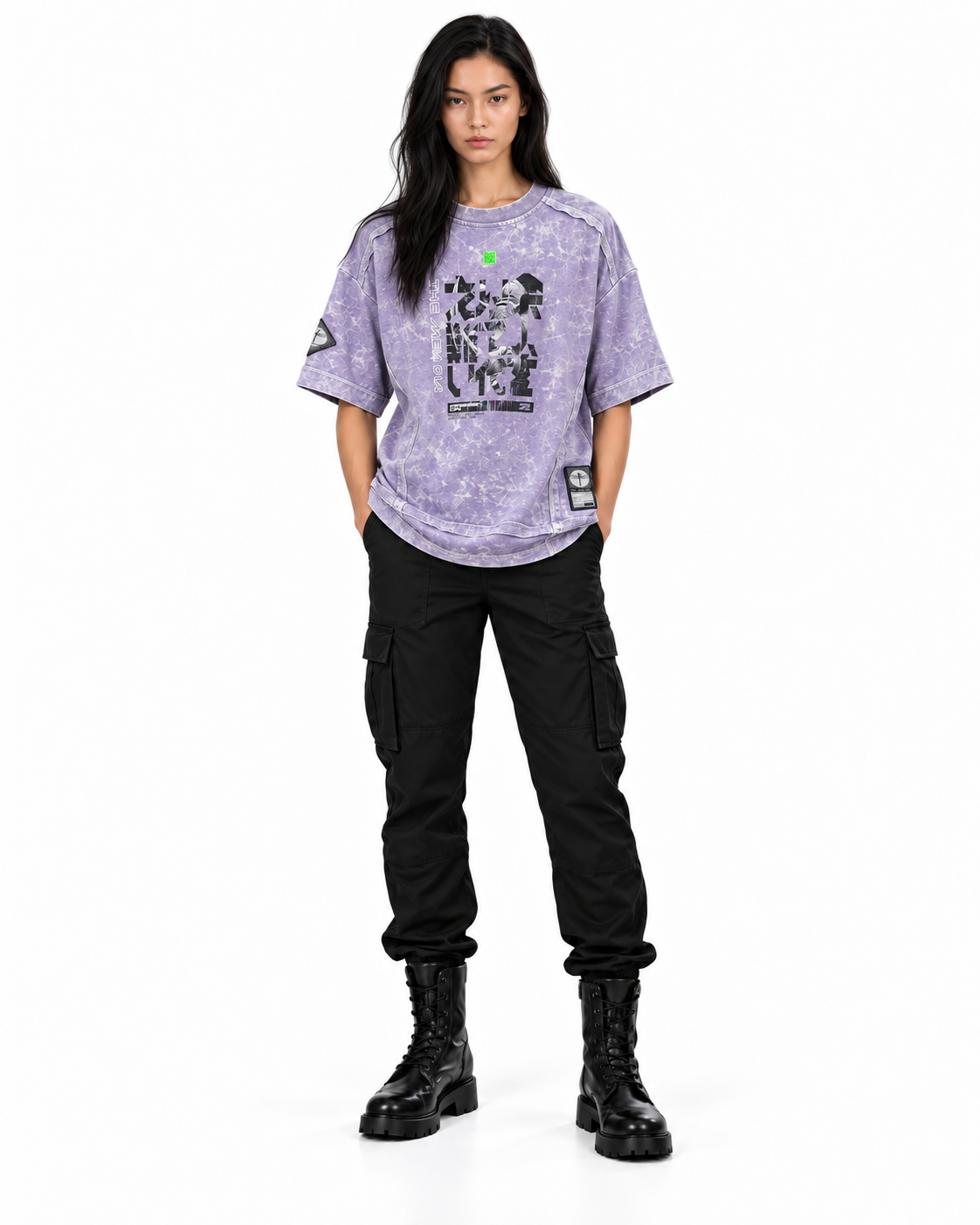 Playera Prosess Lila THEMENCIA en modelo femenino, fondo blanco