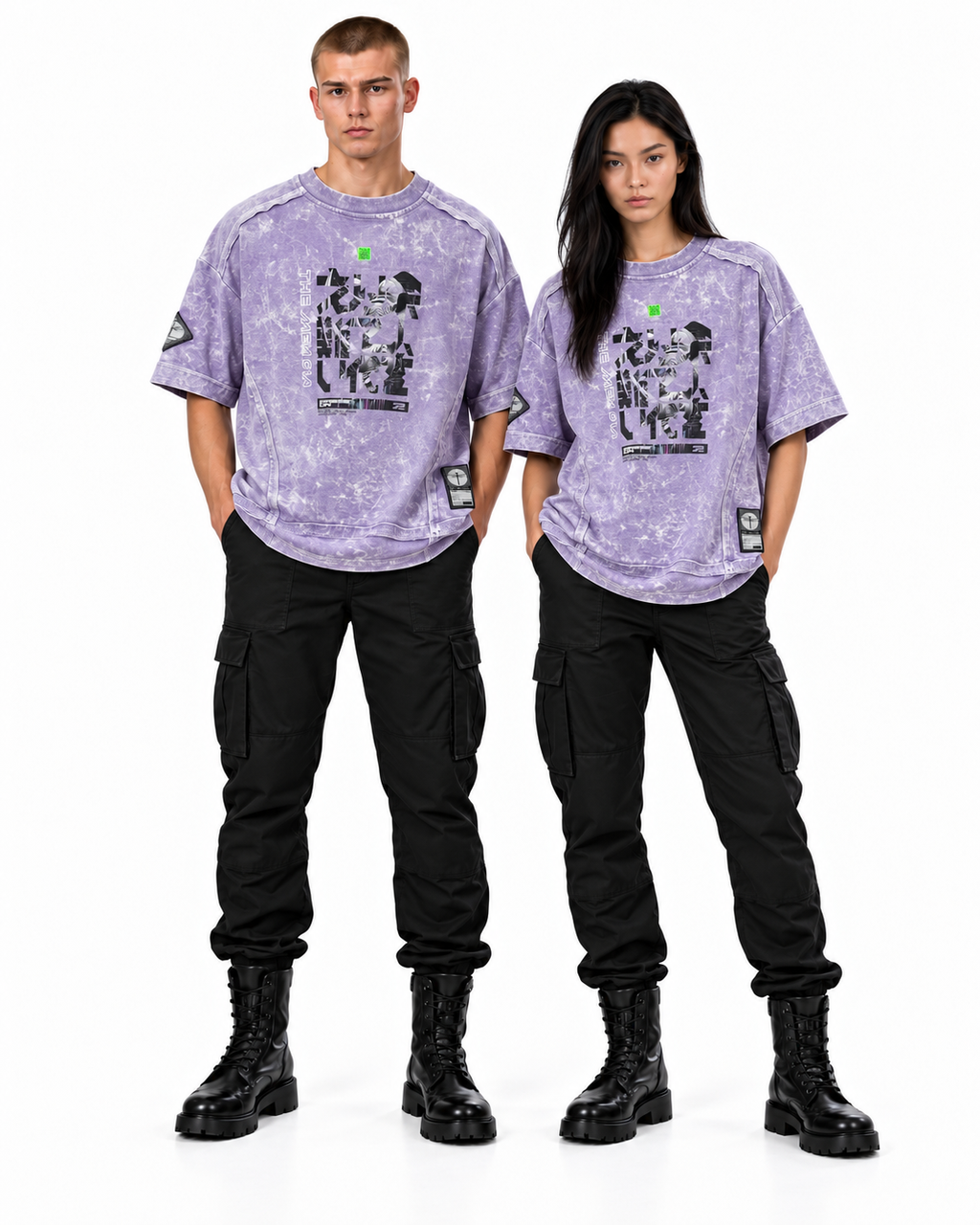 Playera Prosess Lila THEMENCIA en modelos masculino y femenino, fondo blanco