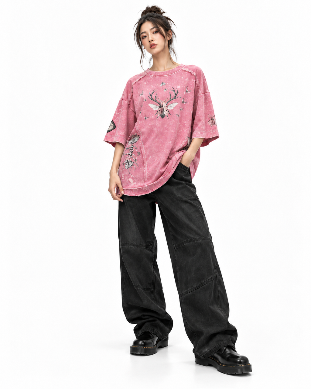 Playera Prosess Rosa THEMENCIA en modelo femenino, fondo blanco