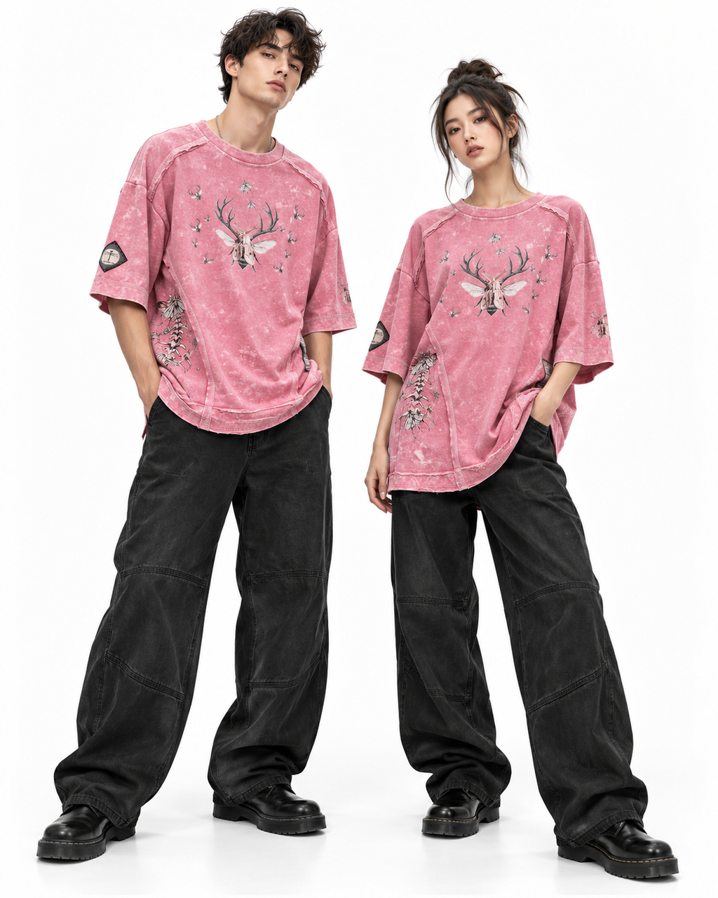 Playera Prosess Rosa THEMENCIA en modelos masculino y femenino, fondo blanco